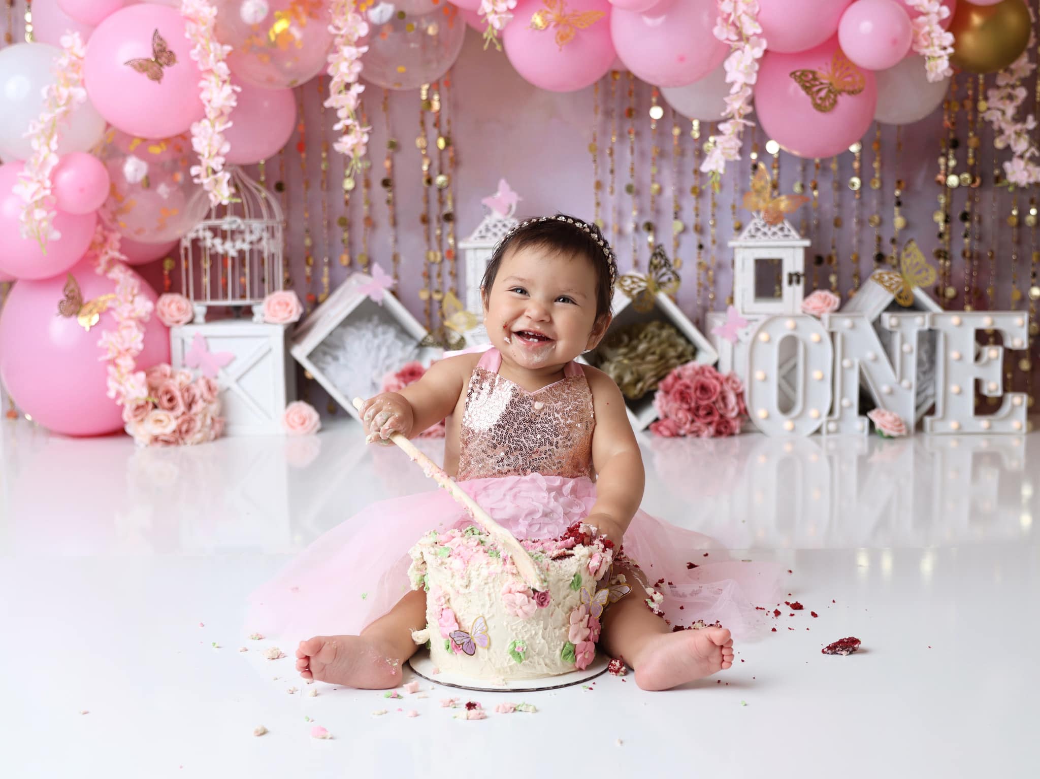 Avezano Pink and Gold Balloons One Cakesmash Backdrop for Photography Designed By Stefany Figueroa-AVEZANO
